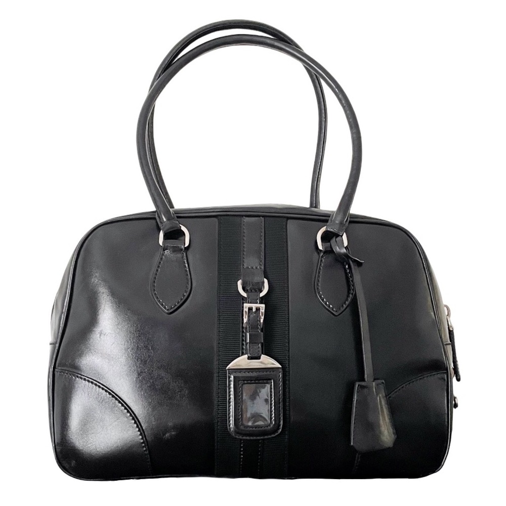 Prada RARE black shiny leather striped bowling bag satchel